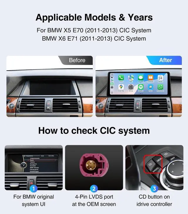 Alt view image 2 of 5 - AINAVITO 12.3" Android 13 Screen for BMW X5 E70 X6 E71 2011-2013 (CIC System ONLY) - 4G+64G Wireless CarPlay Radio Upgrade, 2400x900 Anti-Glare Display, Retains iDrive