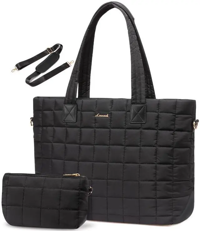Main image of LOVEVOOK Laptop Tote Bag for Women, 15.6 Inch Large Puffer Work Computer Tote Bags for Teacher Nurse, Quilted Women's Purse Tote Shoulder Handbags with Zipper for Travel College Office Gym, Black