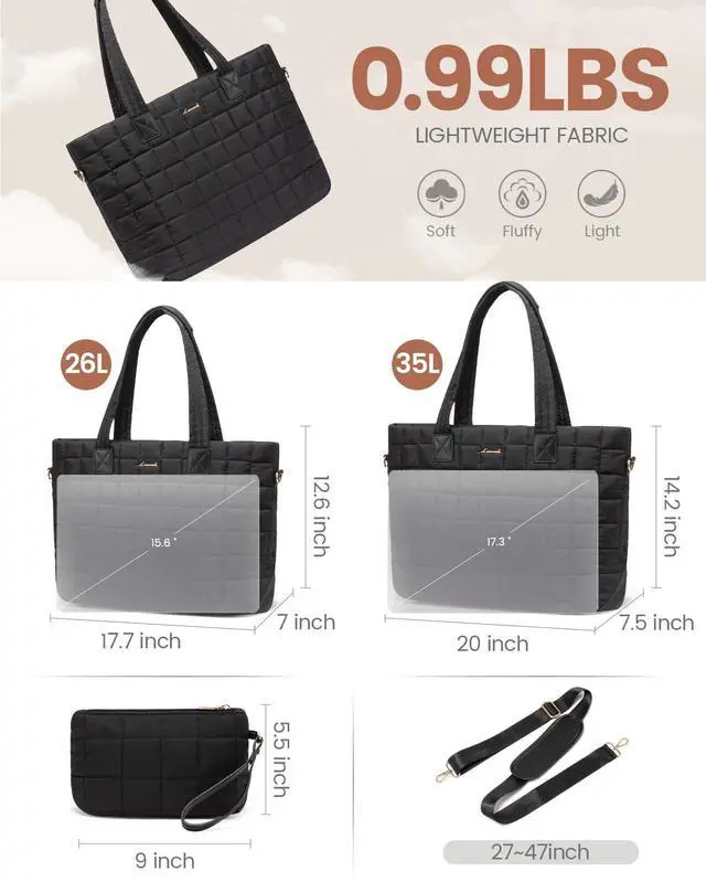 Alt view image 4 of 5 - LOVEVOOK Laptop Tote Bag for Women, 15.6 Inch Large Puffer Work Computer Tote Bags for Teacher Nurse, Quilted Women's Purse Tote Shoulder Handbags with Zipper for Travel College Office Gym, Black
