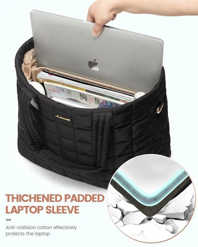 Alt view image 5 of 5 - LOVEVOOK Laptop Tote Bag for Women, 15.6 Inch Large Puffer Work Computer Tote Bags for Teacher Nurse, Quilted Women's Purse Tote Shoulder Handbags with Zipper for Travel College Office Gym, Black