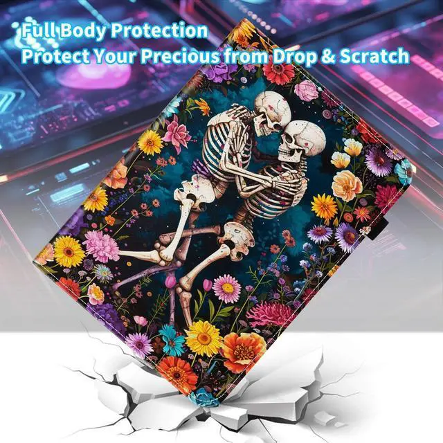Alt view image 3 of 5 - BFUKVOU Case for iPad (A16) 11th Generation 11 Inch 2025, iPad 10th Generation 10.9 inch 2022,Card Slot PU Leather TPU Case Pen Holder Auto Wake Sleep,Flower Skull