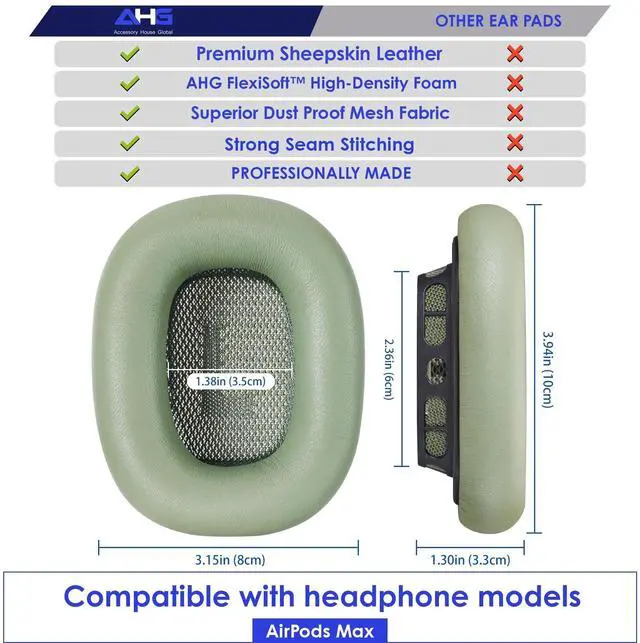 Alt view image 4 of 5 - AHG Accessory House Global Upgraded Sheepskin Leather Replacement air pods max Ear Cushions Pads Compatible with Apple AirPods Max Headphones (Green). Easy DIY Fit ^^ High-Density Foam ^^ Strong Magne