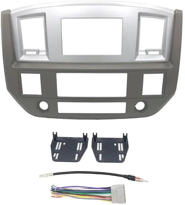 Main image of Custom Install Parts Khaki w/Silver Double Din Stereo Dash Kit Install Bezel +Wiring Harness+Antenna Adapter Compatible with Dodge Ram 2006-2009(Khaki/Silver Standard Non Canbus Wire Harness)