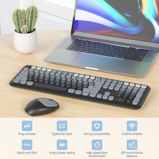 Alt view image 3 of 5 - Vumilstek Black Grey Quiet Keyboard and Mouse Wireless, Retro Typewriter 104-Key Fullsize Keyboard Round Keys for Home Office Dorms PC/Laptop/Desktop(Gradient Dark)