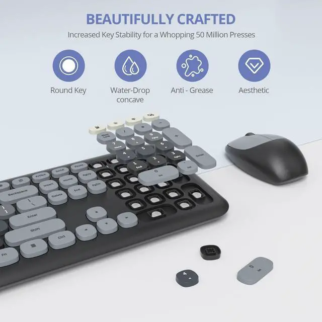 Alt view image 4 of 5 - Vumilstek Black Grey Quiet Keyboard and Mouse Wireless, Retro Typewriter 104-Key Fullsize Keyboard Round Keys for Home Office Dorms PC/Laptop/Desktop(Gradient Dark)