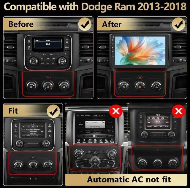 Alt view image 2 of 5 - Android 13 Car Radio Stereo for Dodge RAM 1500 2500 3500 2013-2018 with Wireless CarPlay Android Auto, 9'' Touch Screen Radio Replacement 2G Ram 32G ROM(Only fit Manual AC)