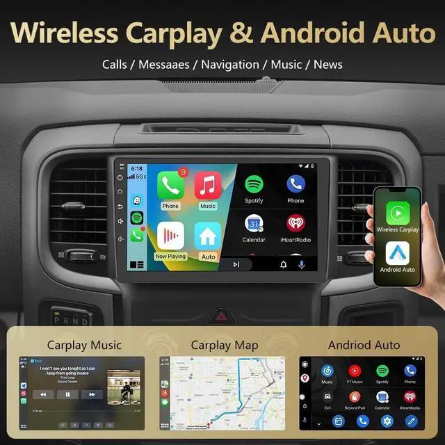 Alt view image 3 of 5 - Android 13 Car Radio Stereo for Dodge RAM 1500 2500 3500 2013-2018 with Wireless CarPlay Android Auto, 9'' Touch Screen Radio Replacement 2G Ram 32G ROM(Only fit Manual AC)