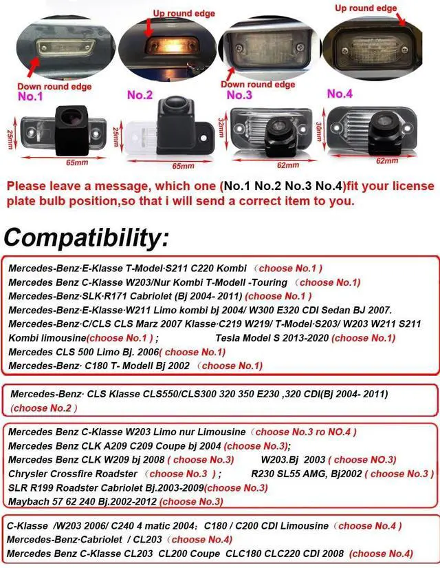 Alt view image 2 of 5 - HD Rear View Backup Camera Night Vision License Plate Reversing Camera Replacement for CLS Klasse CLS550/CLS300/320/350/500/E230/320CDI 2004-2011(No.2)