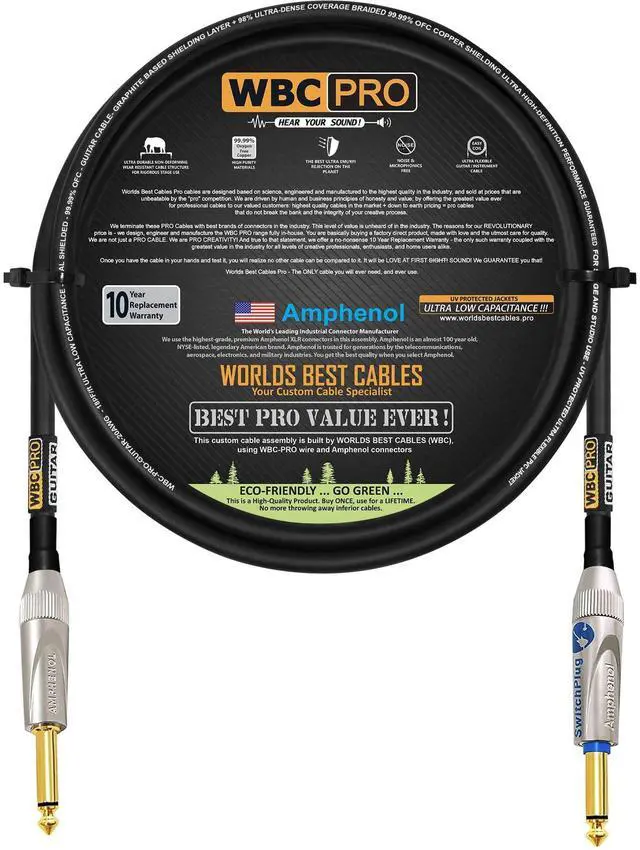 Main image of 6 Foot - WBC-PRO-Guitar 20 AWG - Low-Cap (18pF/ft) Pro-Grade Graphite-Based - Dual-Shielded Guitar Bass Instrument Cable w/Amphenol Straight - Straight (Silent) Inch (6.35mm) Gold TS Plugs