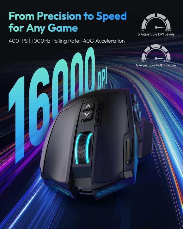 Alt view image 3 of 5 - Wireless RGB MMO Gaming Mouse, 16000 DPI, Programmable Macro Keys