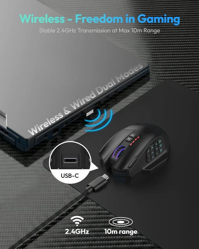 Alt view image 2 of 5 - Wireless RGB MMO Gaming Mouse, 16000 DPI, Programmable Macro Keys