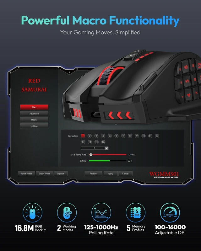 Alt view image 4 of 5 - Wireless RGB MMO Gaming Mouse, 16000 DPI, Programmable Macro Keys