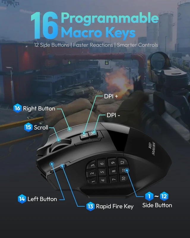 Alt view image 5 of 5 - Wireless RGB MMO Gaming Mouse, 16000 DPI, Programmable Macro Keys
