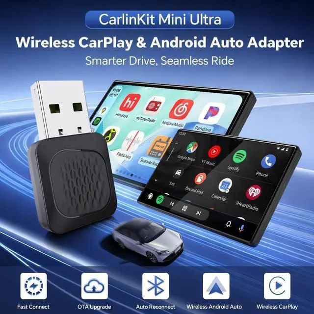 Alt view image 2 of 5 - Carlinkit Wireless CarPlay/Android Auto Adapter - 2026 Mini Ultra Compatible with Factory Wired CarPlay/Android Auto Car, USB-A/C Plug & Play, 5.8GHz Dongle, Auto-Connect, OTA Upgrade