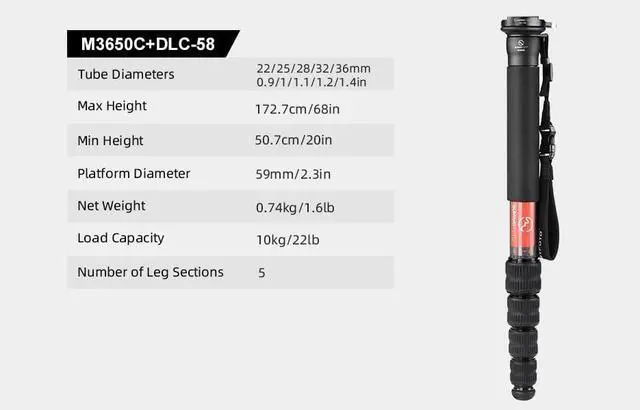 Alt view image 3 of 5 - SUNWAYFOTO M3650C + M3650C+DLC-58 CF Monopod 36mm Top Section 10kg 22lb Max Load Carbon Fiber 1/4" / 3/8" Super Portable + Arca Compatible Lever Lock Clamp
