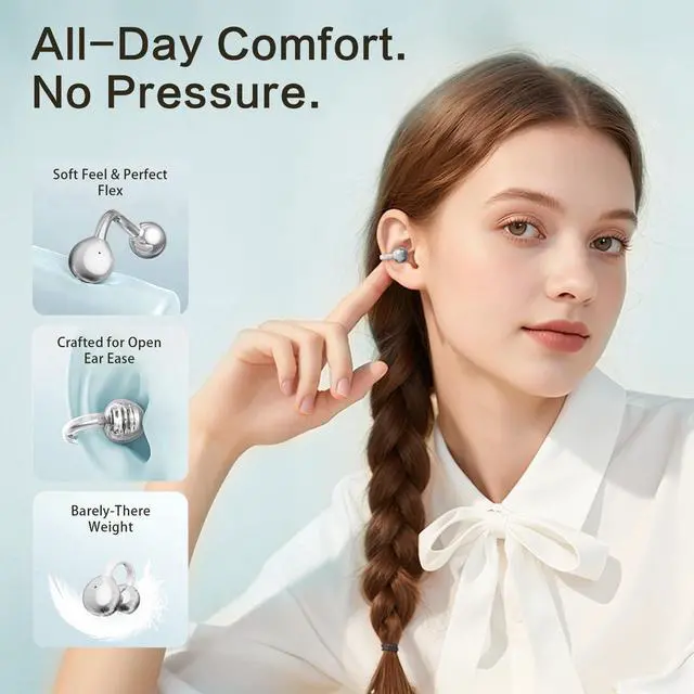 Alt view image 2 of 5 - WUYUEGE 2026 Open Ear Clip On Earbuds with Detachable Butterfly Earrings, Bluetooth 6.0 Wireless Headphones for Women, 50H Playtime, Lightweight & Pain-Free Fit for Small Ears, IPX6Great Gift