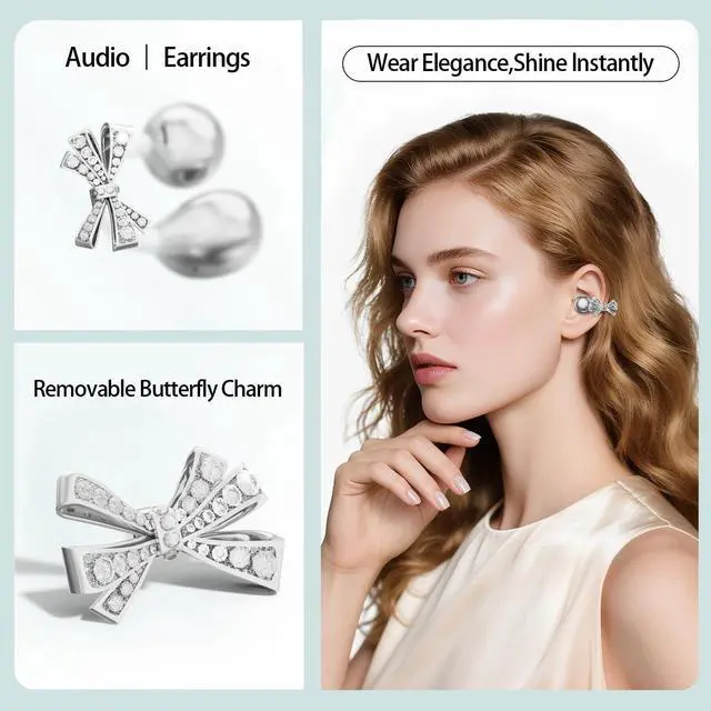 Alt view image 4 of 5 - WUYUEGE 2026 Open Ear Clip On Earbuds with Detachable Butterfly Earrings, Bluetooth 6.0 Wireless Headphones for Women, 50H Playtime, Lightweight & Pain-Free Fit for Small Ears, IPX6Great Gift