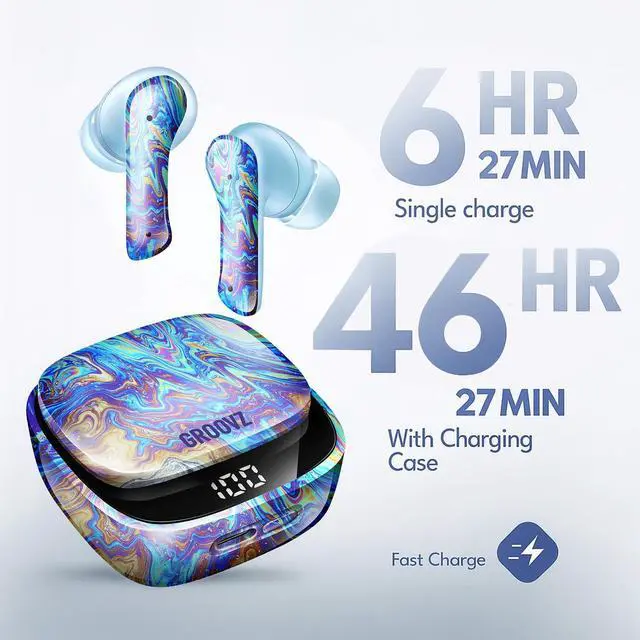 Alt view image 2 of 5 - Groovz Plus True Wireless Earbuds with Wireless Charging Case - Designed in the USA - IPX4 Water Resistant Bluetooth Earbuds Compatible with Apple & Android - 46Hr Battery - Dual Microph