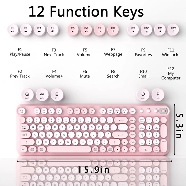 Alt view image 5 of 5 - Links9+ Wireless Bluetooth Keyboard, 2.4GHz Receiver(Pink)