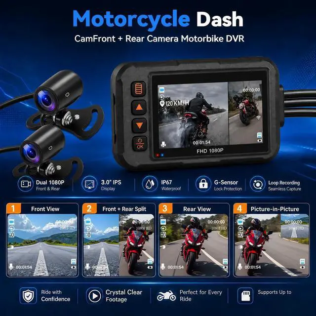 Alt view image 3 of 5 - Motorcycle Dash Cam Front and Rear,3 Inch Screen Motorbike Dual Camera DVR, IP67 Waterproof Motorbike Camera with GPS Light Vision G-Sensor,Loop Recording,Dashcam