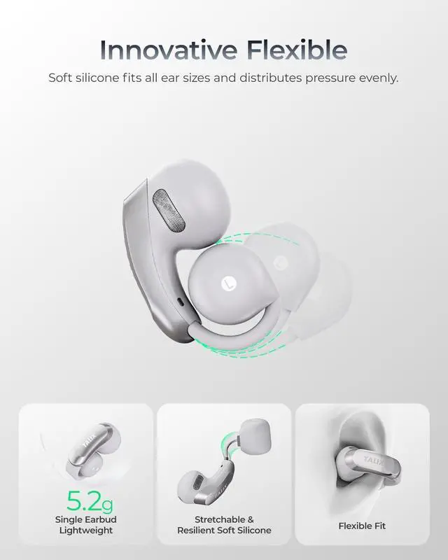 Alt view image 3 of 5 - TALIX AuraHalo G1 Open-Ear Earbuds, True Wireless Clip-On Headphones with 4 Mic, 13.4mm Dynamic Drivers, Clear Calls, Bluetooth 5.3 Ear Buds for Commute/Office/Workout, Grey