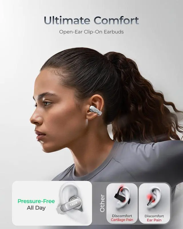Alt view image 2 of 5 - TALIX AuraHalo G1 Open-Ear Earbuds, True Wireless Clip-On Headphones with 4 Mic, 13.4mm Dynamic Drivers, Clear Calls, Bluetooth 5.3 Ear Buds for Commute/Office/Workout, Grey