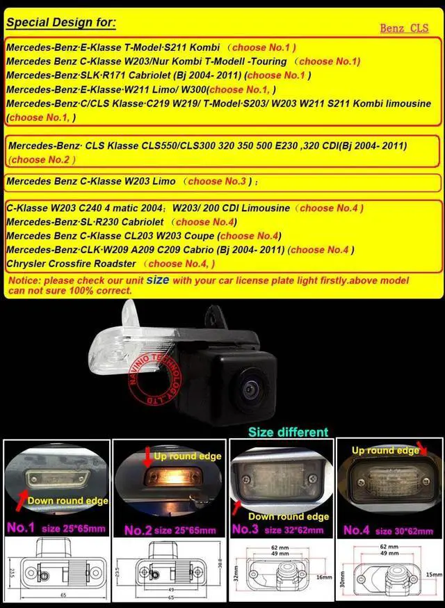 Alt view image 3 of 5 - Navinio Waterproof Backup Camera Color Car Rear View Camera 170 Degree Viewing Angle License Plate with Night Vision for Mercedes C E CLS class W203 W211 W219 W209 (No. 4 size 30*62mm Up round Edge)