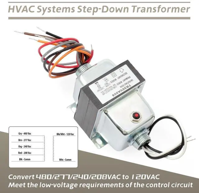 Alt view image 4 of 5 - YIYANTO TR50VA008 Step-Down Transformer with Circuit Breaker Compatible with HVAC Systems 50VA 480/277/240/208VAC to 120VAC, Foot and Dual Threaded Hub Mount