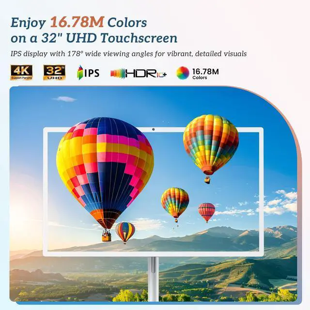 Alt view image 2 of 5 - Kiyomo 32" Smart Portable TV on Wheels, UHD Touch Screen Rolling TV, 16GB RAM + 128GB Storage, Powerful Qualcomm Snapdragon CPU, Android 14 EDLA Certified, Supports Google Play