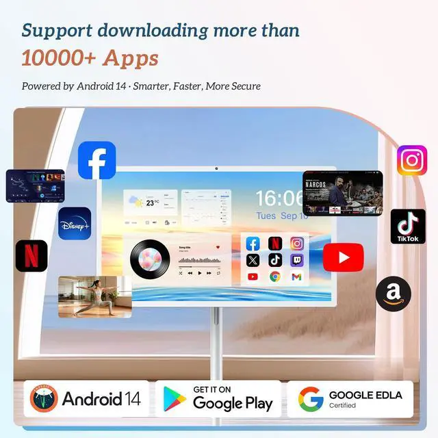 Alt view image 3 of 5 - Kiyomo 32" Smart Portable TV on Wheels, UHD Touch Screen Rolling TV, 16GB RAM + 128GB Storage, Powerful Qualcomm Snapdragon CPU, Android 14 EDLA Certified, Supports Google Play