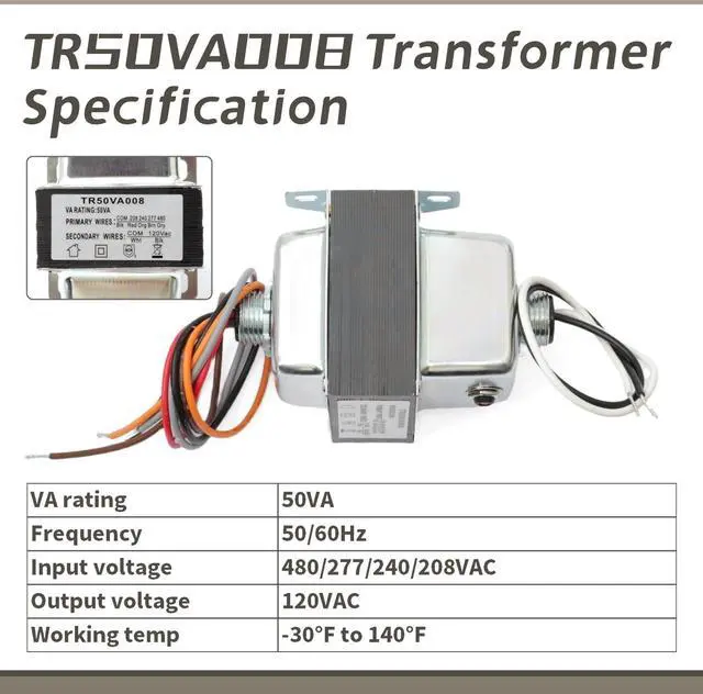 Alt view image 2 of 5 - YIYANTO TR50VA008 Step-Down Transformer with Circuit Breaker Compatible with HVAC Systems 50VA 480/277/240/208VAC to 120VAC, Foot and Dual Threaded Hub Mount