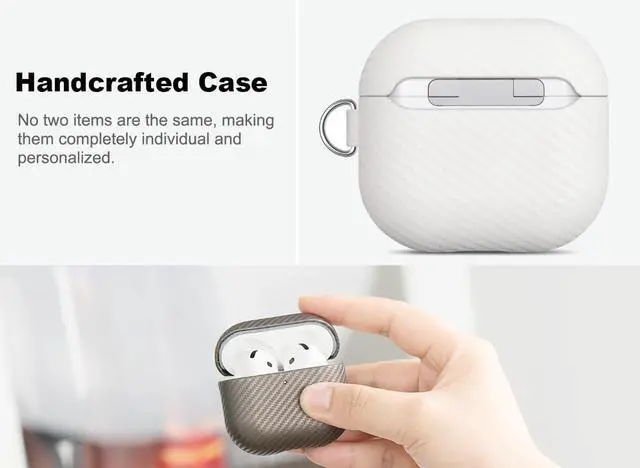 Alt view image 3 of 5 - Haobobro Leather Case for AirPods 4 / AirPods 4 with Active Noise Cancellation Case Cover with Keychain - Selected Skin-Friendly Leather, Carbon Fibre Texture, Handmade Shockproof Hard Cover - White