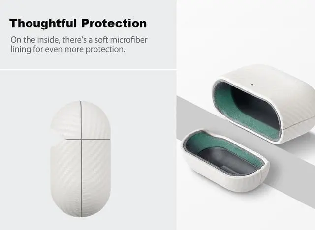 Alt view image 4 of 5 - Haobobro Leather Case for AirPods 4 / AirPods 4 with Active Noise Cancellation Case Cover with Keychain - Selected Skin-Friendly Leather, Carbon Fibre Texture, Handmade Shockproof Hard Cover - White