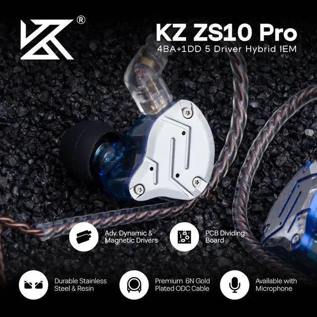 Alt view image 4 of 5 - Linsoul KZ ZS10 Pro, 4BA+1DD 5 Driver in Ear Monitor, HiFi Wired Earbuds, Gaming Earbuds, Hybrid IEM Earphones with Stainless Steel Faceplate, Detachable Cable for Musician (with Mic, Blue)