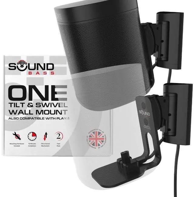Main image of Sound Bass ONE Wall Mount Bracket, Tilt and Swivel, Black, Twin (2pcs), Compatible with Sonos ONE, ONE Gen 2, ONE SL & Play:1, Effortless Installation, Includes Mounting Kit, Double, Pair
