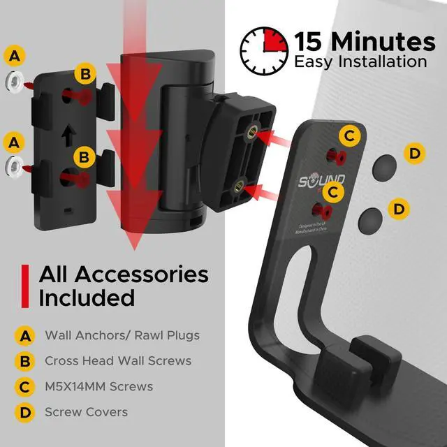 Alt view image 3 of 5 - Sound Bass ONE Wall Mount Bracket, Tilt and Swivel, Black, Twin (2pcs), Compatible with Sonos ONE, ONE Gen 2, ONE SL & Play:1, Effortless Installation, Includes Mounting Kit, Double, Pair