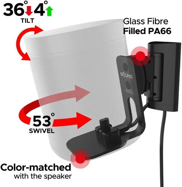 Alt view image 5 of 5 - Sound Bass ONE Wall Mount Bracket, Tilt and Swivel, Black, Twin (2pcs), Compatible with Sonos ONE, ONE Gen 2, ONE SL & Play:1, Effortless Installation, Includes Mounting Kit, Double, Pair