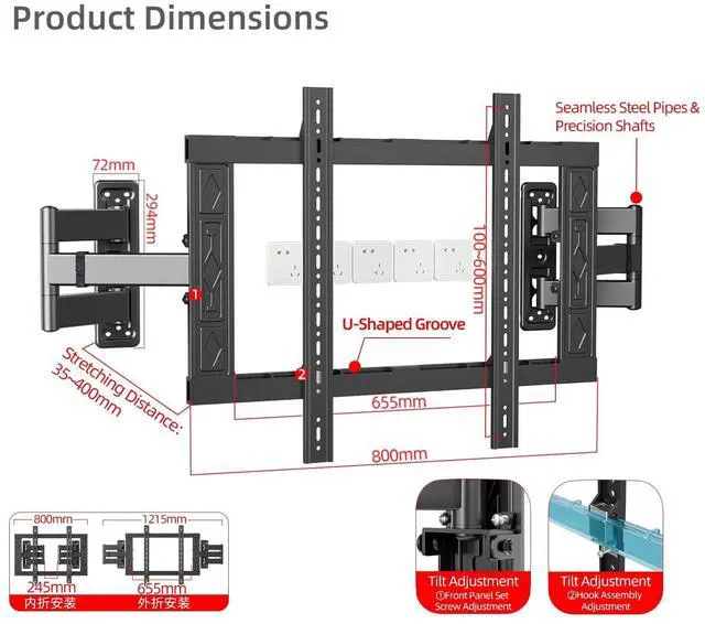 Alt view image 2 of 5 - XinleTech Corner Full Motion TV Wall Mount for 50-80 Inch TVs,Heavy Duty 176lbs Steel,Ultra Slim Dual Articulating Arms,Smooth Tilt Swivel Extension,U-Groove-toInstall,Max VESA 600x600mm,XL-DY694