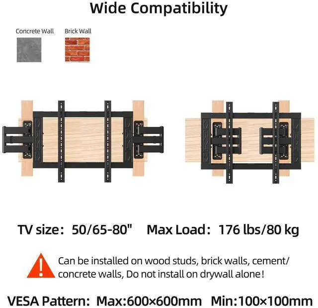 Alt view image 5 of 5 - XinleTech Corner Full Motion TV Wall Mount for 50-80 Inch TVs,Heavy Duty 176lbs Steel,Ultra Slim Dual Articulating Arms,Smooth Tilt Swivel Extension,U-Groove-toInstall,Max VESA 600x600mm,XL-DY694