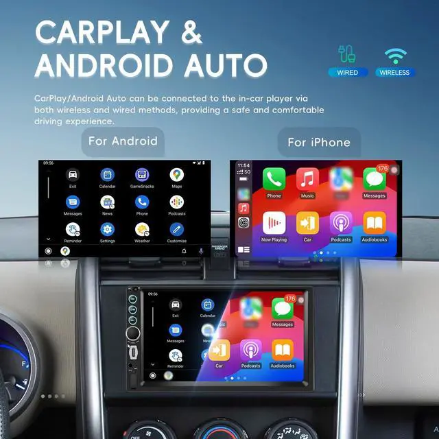 Alt view image 3 of 5 - 7 Inch Double Din Car Stereo with Wireless Carplay Android Auto Car Audio Receivers, Car Radio with Mirror Link, Bluetooth, SWC, FM, EQ, USB/Type C Charge 7 Color Light