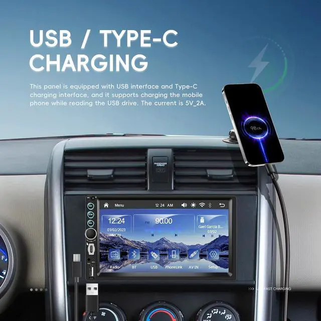 Alt view image 2 of 5 - 7 Inch Double Din Car Stereo with Wireless Carplay Android Auto Car Audio Receivers, Car Radio with Mirror Link, Bluetooth, SWC, FM, EQ, USB/Type C Charge 7 Color Light
