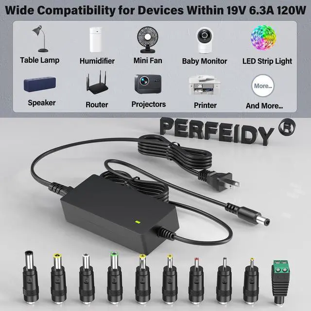 Alt view image 2 of 5 - 19V 6.3A 5A 4A 3A 120W Charger with 10 DC Jacks Power Cord,PERFEIDY DC in Adapter 19Volt 5.5A 4.5A 3.5A 2.5A 1.5A 1A 0.5A 6300mA 6000mA 5000mA 4000mA 1000mA Power Supply
