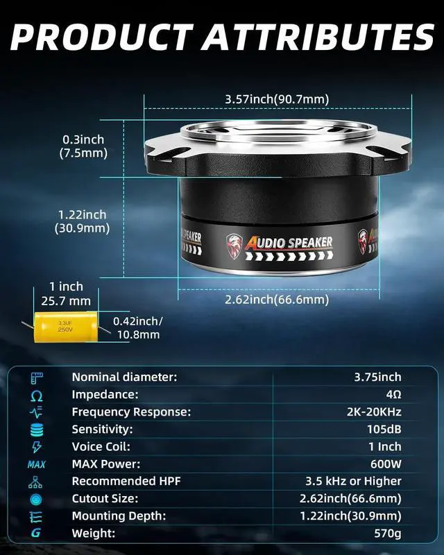Alt view image 5 of 5 - TANVSO 4 Inch Super Bullet Tweeters for Car Audio, 600W MAX 4 Ohm 105dB Compression Tweeter Speakers Pair, 1 Inch Voice Coil Aluminum Frame with Capacitor Filter for Door Panels Speaker Boxes