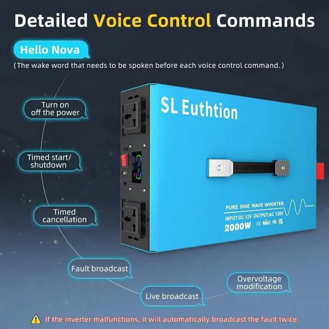 Alt view image 3 of 5 - SL Euthtion 2000W Pure Sine Wave Power Inverter Voice Control AI Voice Assistant Support English 12V to 120V 60HZ with LCD Display, USB Port, for Car Home Laptop Truck