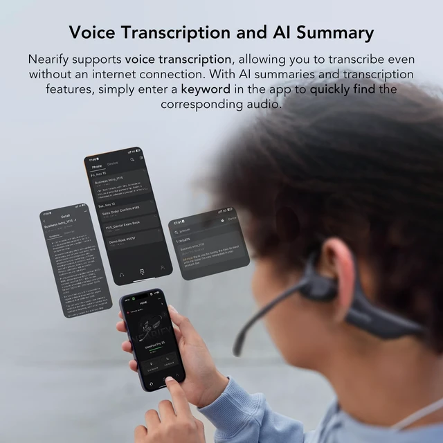 Alt view image 3 of 5 - NEARITY MemPod Pro 2S Voice Recorder Headset, Open Ear Bluetooth Headphones with Mic, ChatGPT Powered Transcribe & Summarize, Dongle, App Control, Support 97 Languages, for Lectures, Meetings, Calls