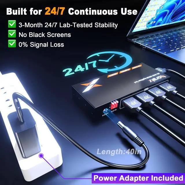 Alt view image 4 of 5 - Uncompressed 4K HDMI Splitter 1x4 with EDID, Lossless 4K@60Hz UHD HDR HDMI 2.0 18Gbps HDMI Duplicator, Zero Latency Support HDCP 2.2 Plug and Play, for PS5, Fire Stick, HDTV