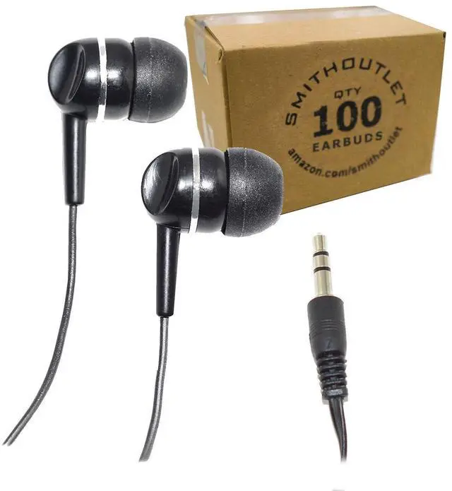 Main image of SmithOutlet 100 Pack Low Cost Earbuds in Bulk ^^ Model SG-ID3-100 ^^ Wired 3.5 MM Jack Connectivity ^^ for Schools, Classrooms, Students, Libraries