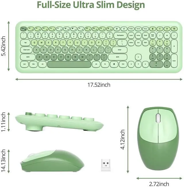 Alt view image 3 of 5 - Fogruaden Quiet Green Wireless Keyboard and Mouse, 2.4GHz Retro Cute Typewriter-Style Full-Size Colorful Keyboard and Mouse Combo, Slim Design, Low-Noise Typing for Home, Office, Windows PC, La