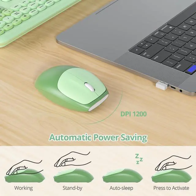 Alt view image 4 of 5 - Fogruaden Quiet Green Wireless Keyboard and Mouse, 2.4GHz Retro Cute Typewriter-Style Full-Size Colorful Keyboard and Mouse Combo, Slim Design, Low-Noise Typing for Home, Office, Windows PC, La