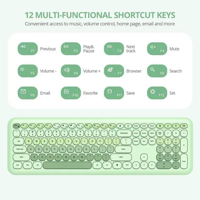 Alt view image 5 of 5 - Fogruaden Quiet Green Wireless Keyboard and Mouse, 2.4GHz Retro Cute Typewriter-Style Full-Size Colorful Keyboard and Mouse Combo, Slim Design, Low-Noise Typing for Home, Office, Windows PC, La